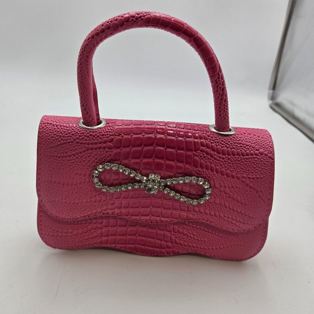 Pink Mini Top Handle Bag Croc Embossed Rhinestone Bow Y2K Barbiecore Purse